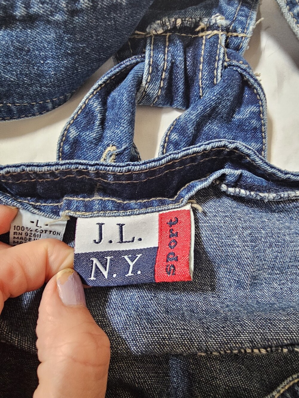 J.L. N.Y. Vintage Denim Maxi Overall Dress Size Large, Button Side 100% Cotton - Picture 11 of 14